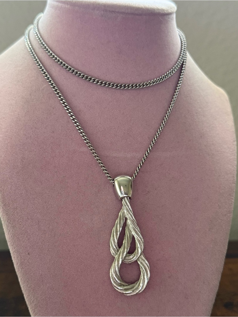 Monet Hinged Silver-Styled Twisted Rope Knot Pendant With Original Chain; Signed